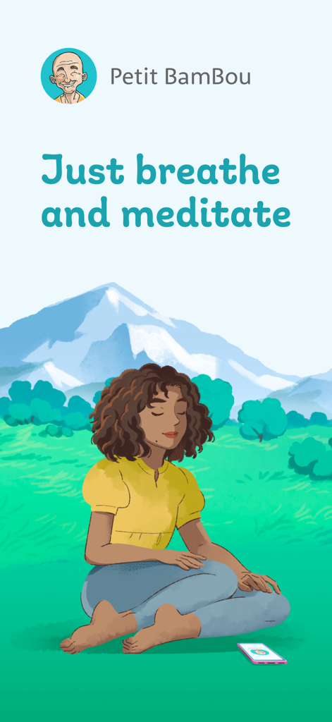 Una ilustración de una mujer meditando en un campo verde con montañas al fondo de la app Petit BamBou