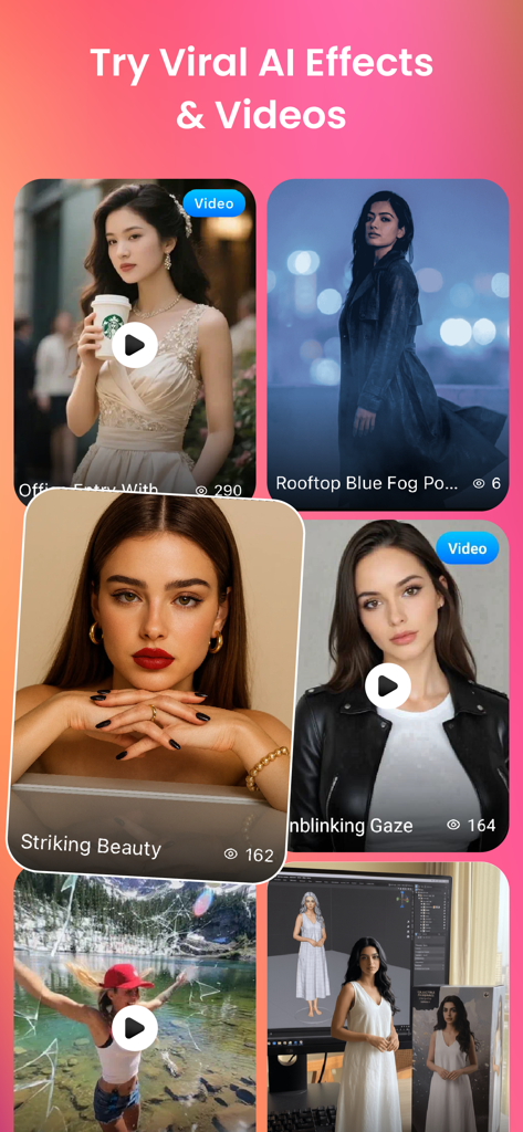 A gallery of viral AI video effects and professional photo templates within the RTST.ai app.