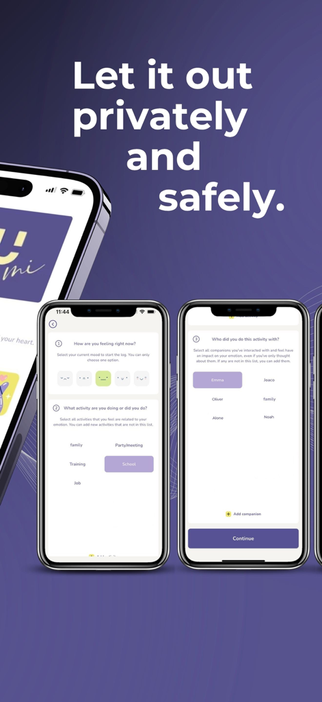 NOUmi mobile app interface for private mood activity and companion logging