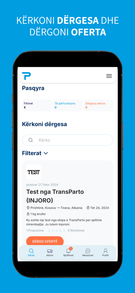 TransParto - TransParto App-Dashboard, das Suchergebnisse für Sendungen und Optionen zum Senden von Transportangeboten anzeigt