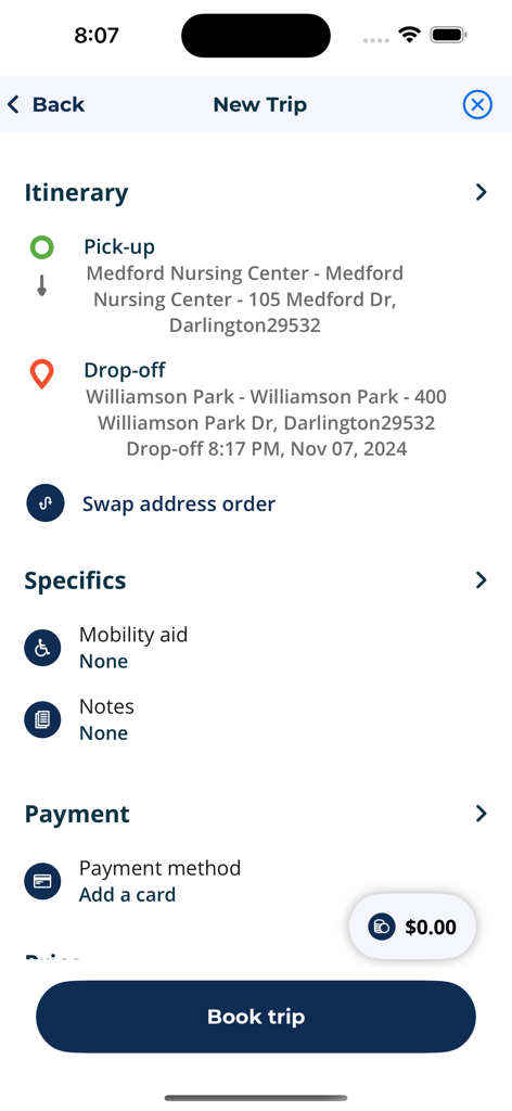 Riverside Connect - Riverside Connect mobile app screen for booking a new trip showing itinerary details pick up and drop off locations and a book trip button