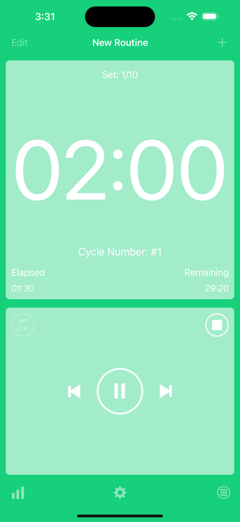 Captura de pantalla de la aplicación HIIT Interval Timer que muestra un reloj de entrenamiento y un reproductor de música