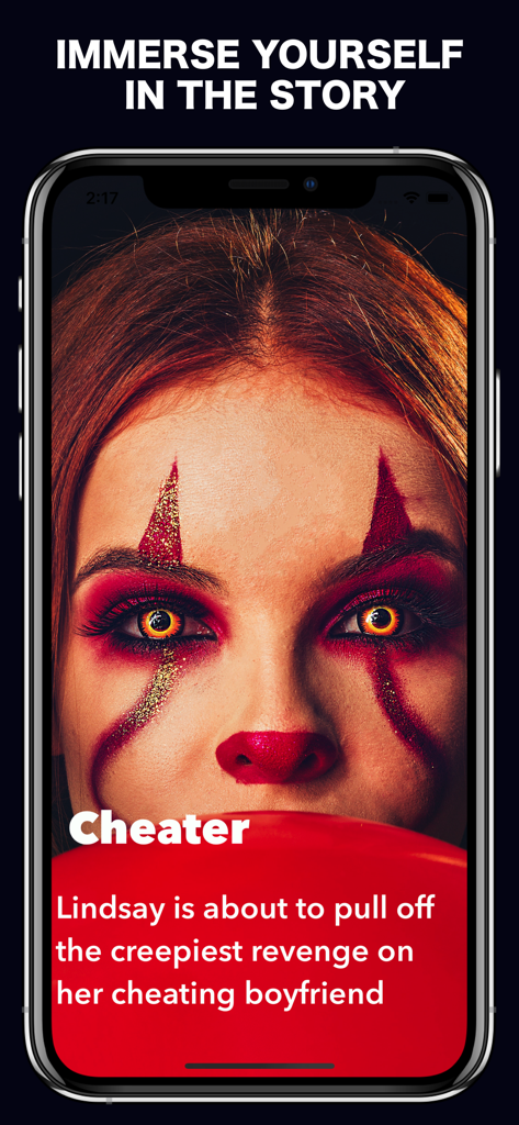 A woman with creepy clown makeup on a horror story cover in the Twist app.