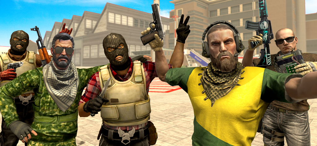 Anti Terrorist Shooting Game - Un grupo de personajes de comandos de élite posando con armas y explosivos en un aeropuerto.