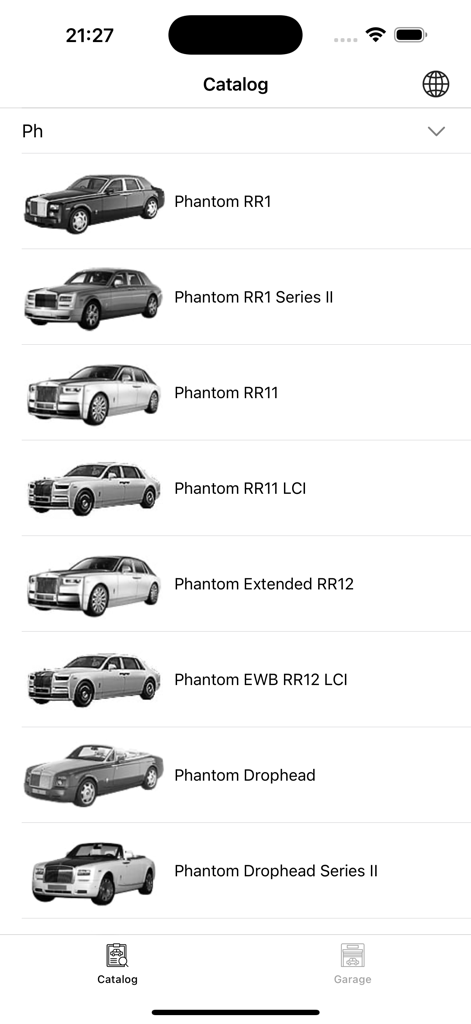 ETK 부품 카탈로그 앱의 롤스로이스 팬텀 자동차 모델 목록