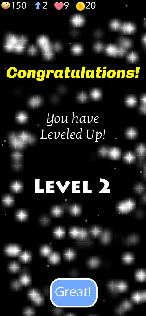 Congratulations screen for leveling up to level 2 in the Bible Basics Trivia Quiz Game.