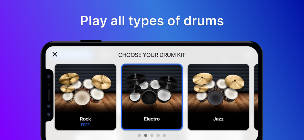 A mobile interface for the Drums app showing a selection menu for different drum kits including Rock, Electro, and Jazz.