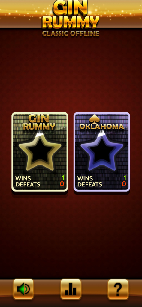 Pantalla principal de Gin Rummy Classic sin conexión que muestra las opciones de modo de juego para Gin Rummy y Oklahoma con estadísticas de victorias.