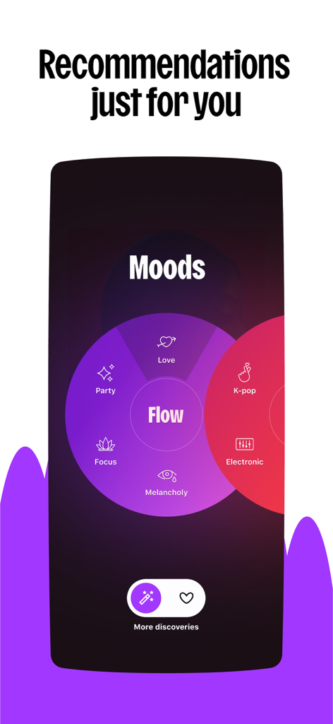 Deezer app interface showing the Flow feature and personalized music recommendations based on moods like party love and focus