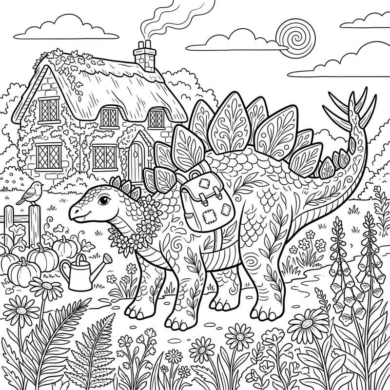 Step into a whimsical world with this adorable Stegosaurus amidst a charming cottagecore landscape. This intricate coloring page invites you to explore rustic charm and prehistoric wonder.
