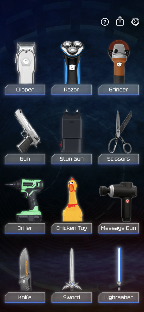 Prank Tools - Interface of Prank Tools app displaying a menu of various prank simulators including clipper razor stun gun and lightsaber