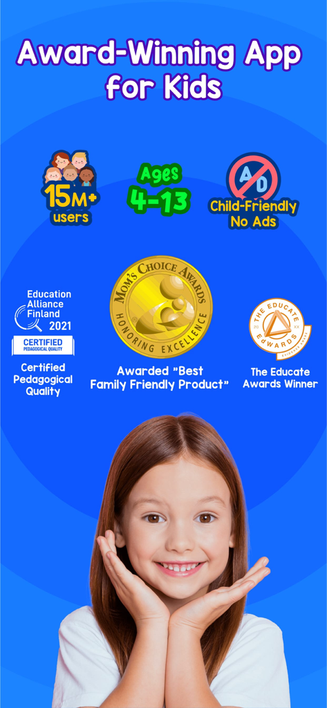 Promotional screenshot for MentalUP app showing various industry awards and age range 4 to 13.