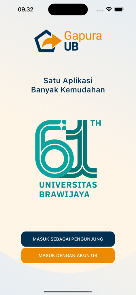 Gapura UB - Gapura UB app welcome screen with Universitas Brawijaya logo and login options