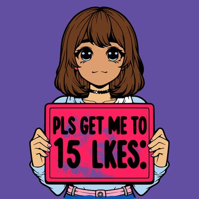 realistic girl holding up a sign that says “pls get me to 15 likes!”
