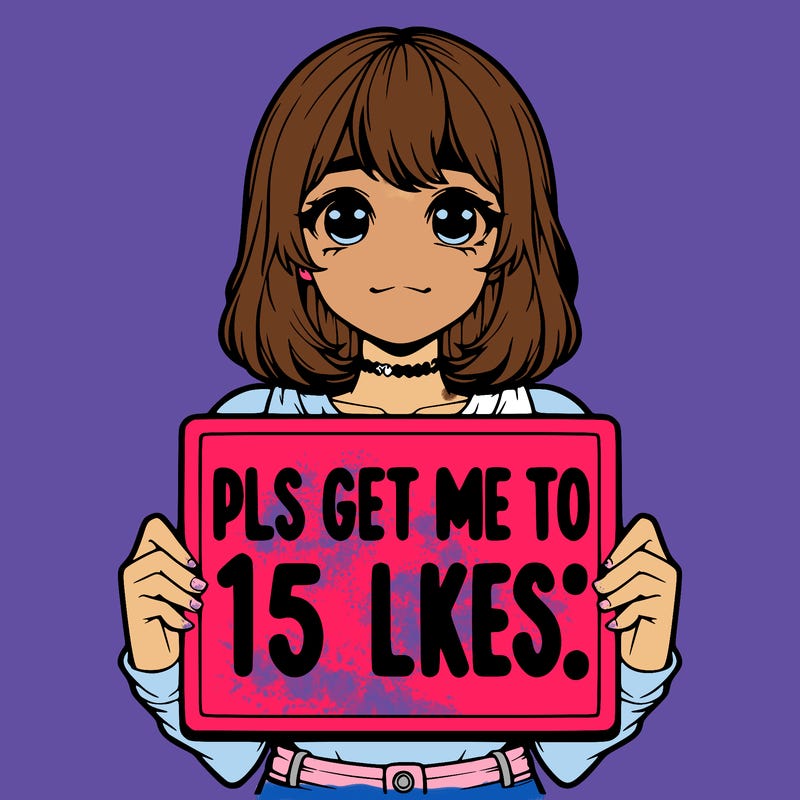 realistic girl holding up a sign that says “pls get me to 15 likes!”