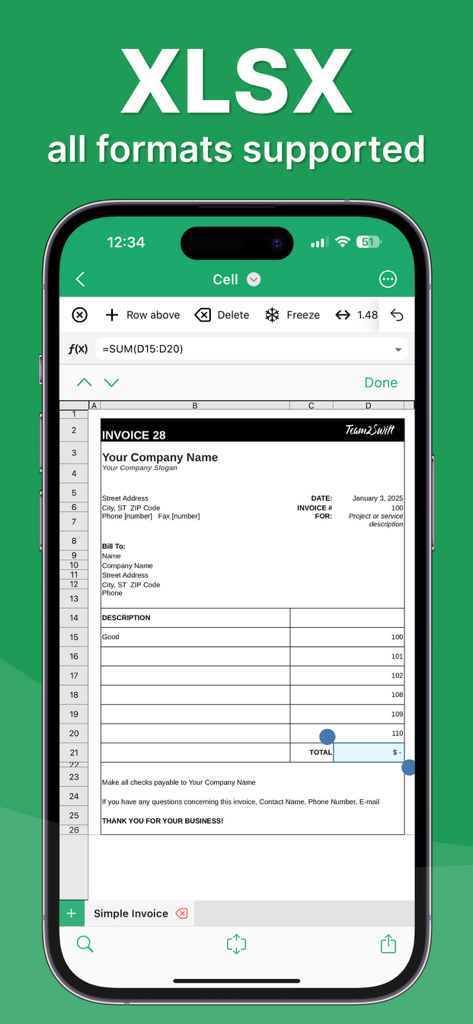 iPhone screen showing a professional invoice template in a mobile spreadsheet app with XLSX format support