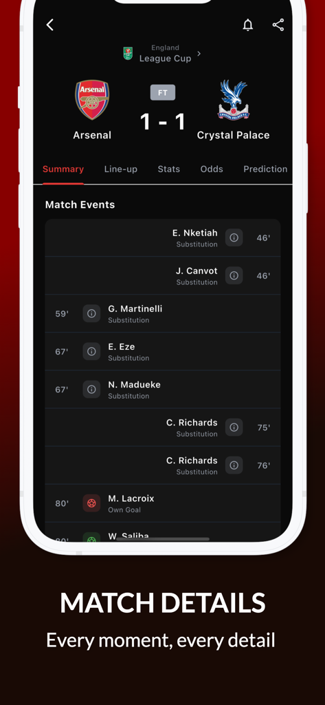 Sporium - Live Football Scores - Sporium mobile app interface showing live football match events and substitutions for Arsenal vs Crystal Palace.