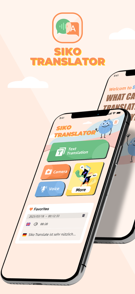 Siko Translator-Multilingual - Interfaz de la aplicación Siko Translator mostrando opciones de traducción por cámara de texto y voz