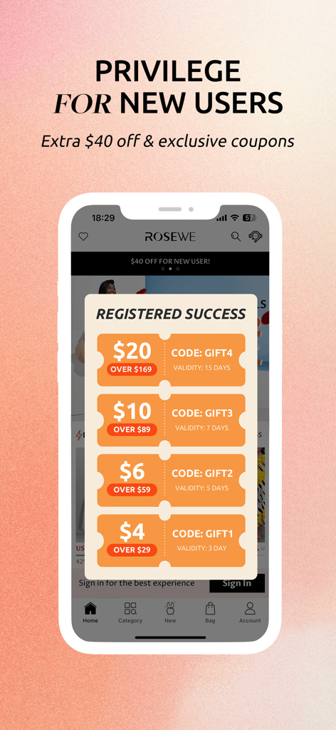 Rosewe shopping app screen displaying exclusive discount coupons for new registered users.