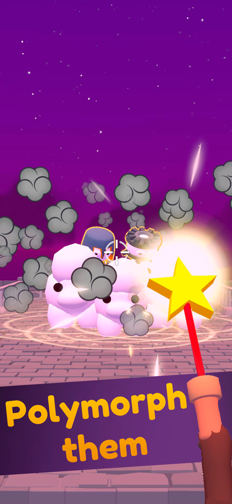 A magic star wand turning enemies into pink sheep with smoke effects in the game Crazy Gun Inventor.