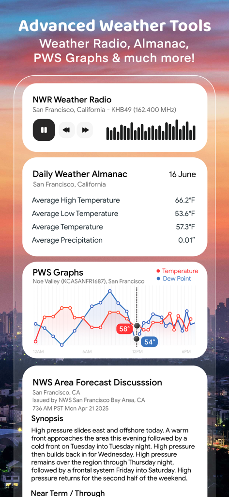 Weather Mate - NOAA Radar Maps - Weather Mate app interface showing weather radio almanac and PWS graphs