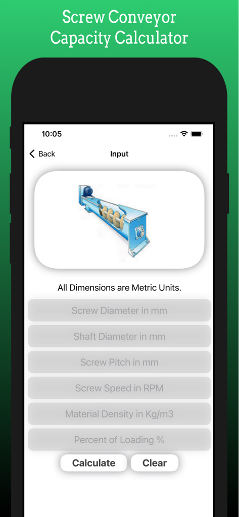 Interface of the Screw Conveyor app showing input fields for capacity calculation