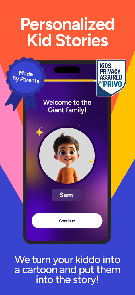 A smartphone screen showing a personalized cartoon avatar for the Giant kids story app with safety certifications