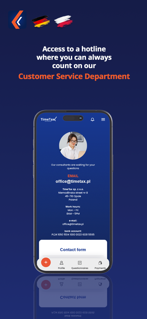 TimeTax Mobile App-Bildschirm mit Kundendienstkontaktdaten und Support-Optionen für Steuerrückerstattungen.