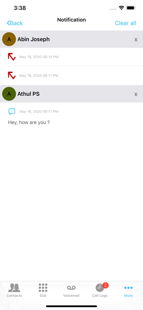Unity-Mobile - Unity-Mobile app notifications screen displaying recent missed calls and messages from colleagues.