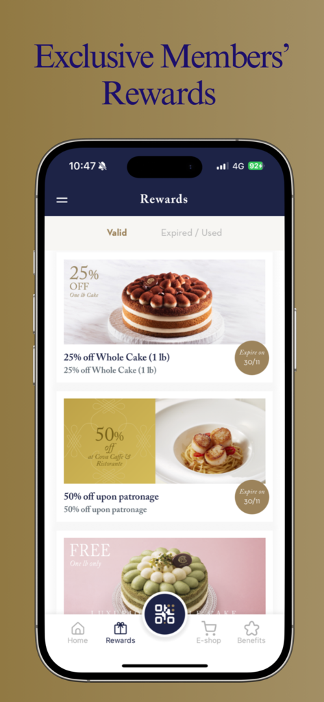 COVA HK - COVA HK app membership rewards page showing exclusive cake discounts and dining offers