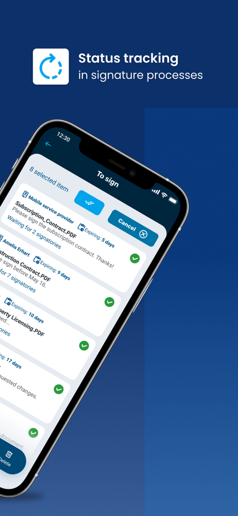 Netlock mobile app interface showing a list of documents for signature with status tracking and expiration dates