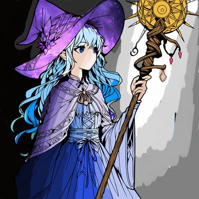 a realistic fantasy manga witch with a staff