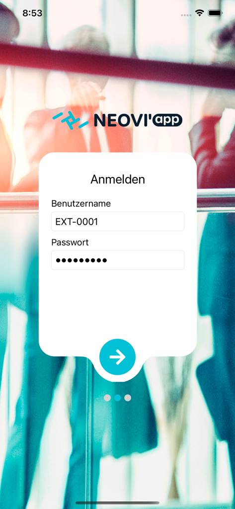 NEOVI'app - Tela de login segura da interface móvel NEOVI'app mostrando campos de entrada de nome de usuário e senha