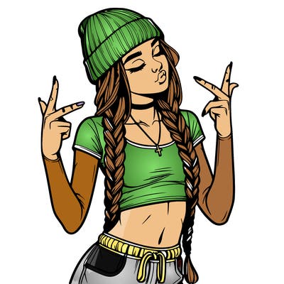 realistic teenage girl with braids and a beanie and crop top doing 🫶🏼