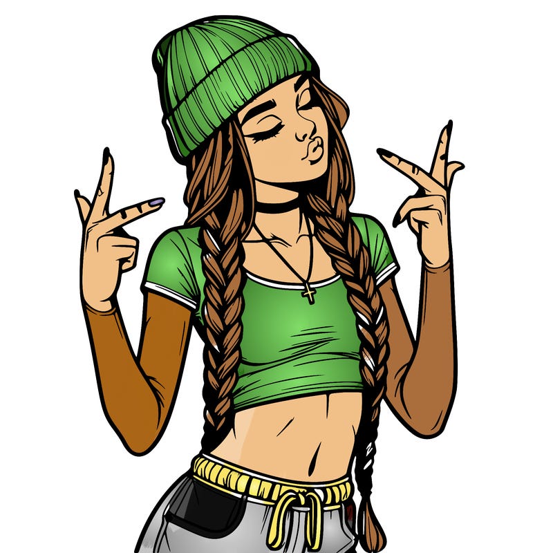 realistic teenage girl with braids and a beanie and crop top doing 🫶🏼