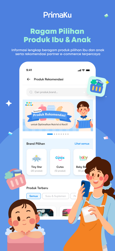 Screenshot of the PrimaKu app displaying recommended products and brands for mothers and babies