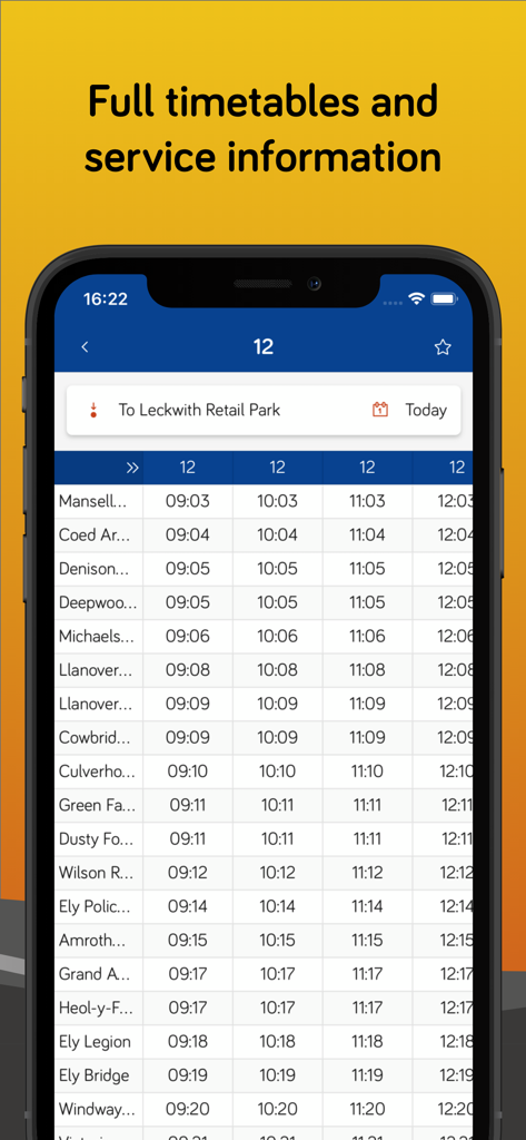 O Cardiff Bus App mostra um horário de autocarros detalhado e o horário da rota num ecrã de smartphone