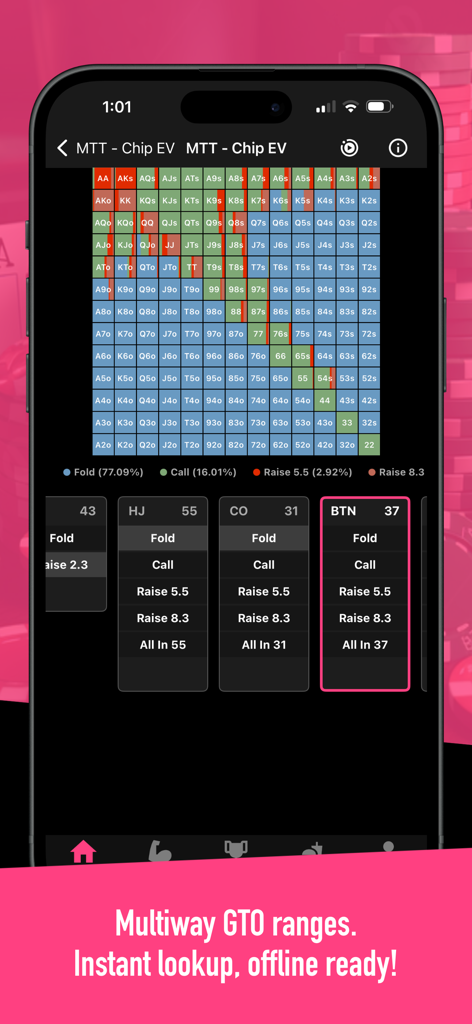 A GTO poker solver app interface displaying a color-coded hand range grid for multiway tournament play.