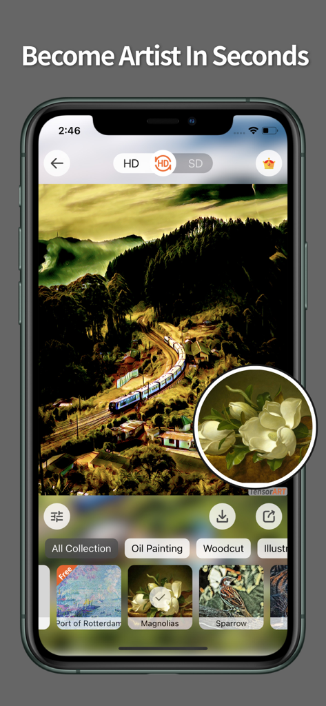 TensorArt - AI photo Editor - TensorArt App-Oberfläche, die einen Ölgemälde-Kunstfilter zeigt, der auf ein Landschaftsfoto angewendet wurde