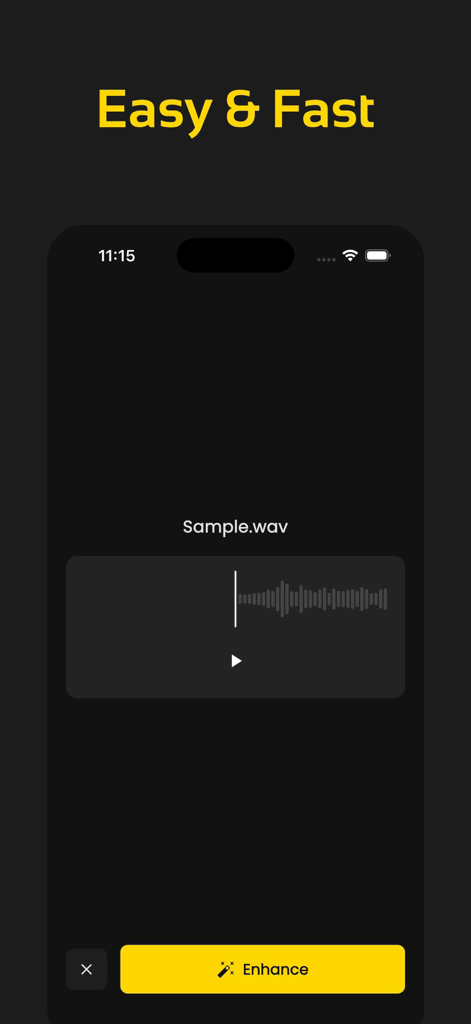 User interface of the PureVoice app showing the one tap audio enhancement feature