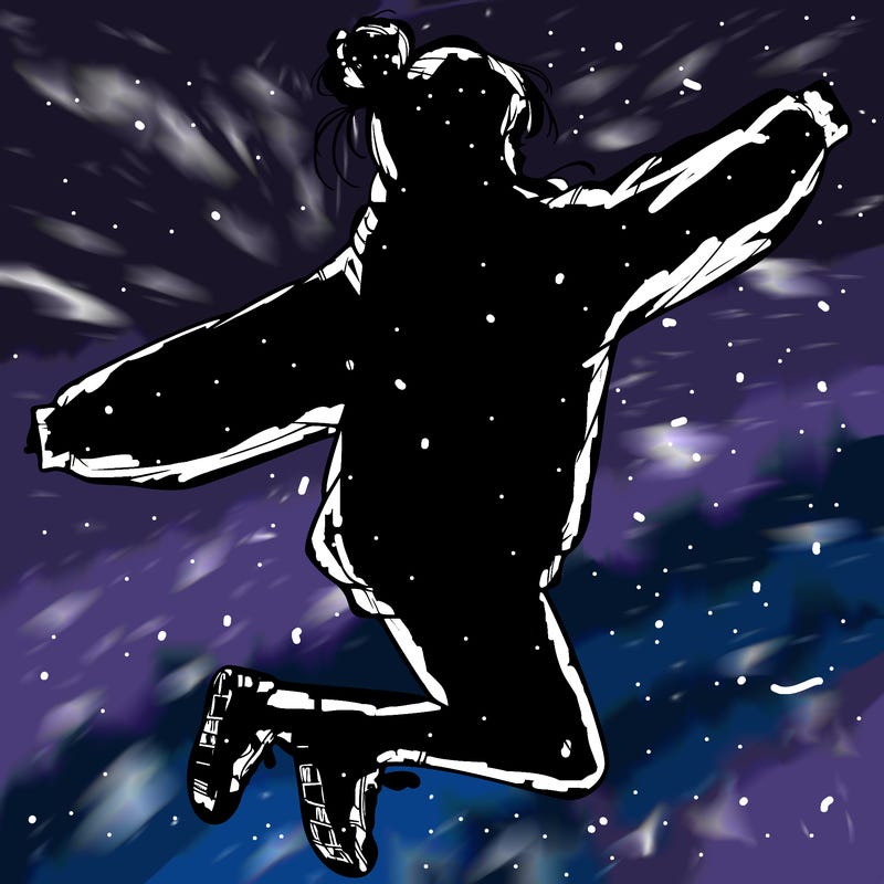 realistic girl jumping with a bun and oversized sweatshirt