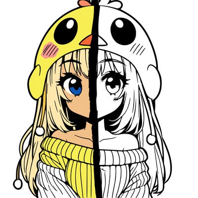 anime girl with chick shaped hat with sweater with bare shoulders with bangs covering them one eye with low tail