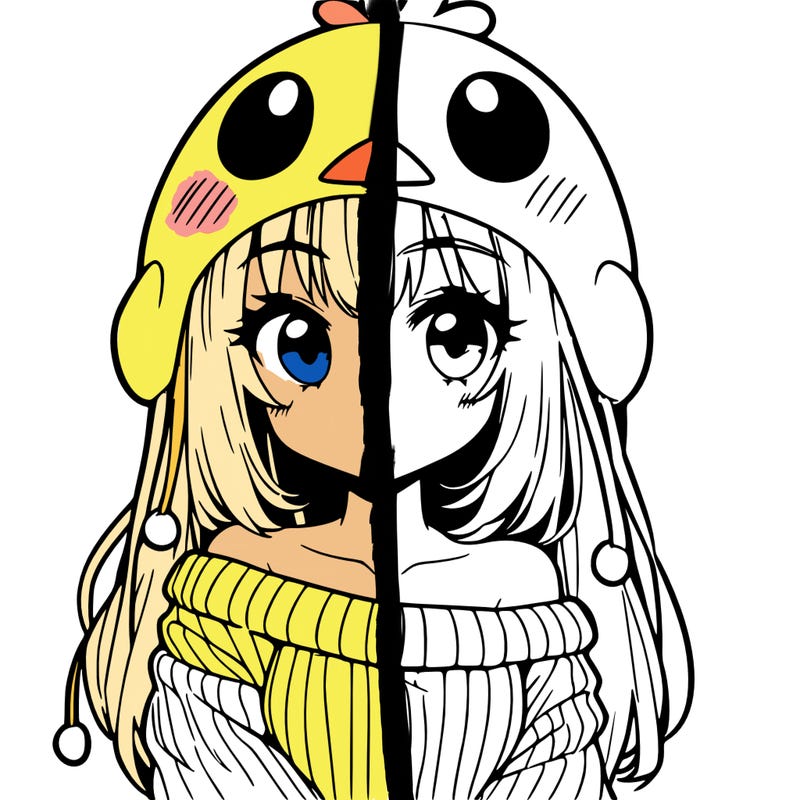 anime girl with chick shaped hat with sweater with bare shoulders with bangs covering them one eye with low tail