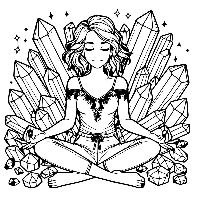 realistic girl mediating surrounded by crystals