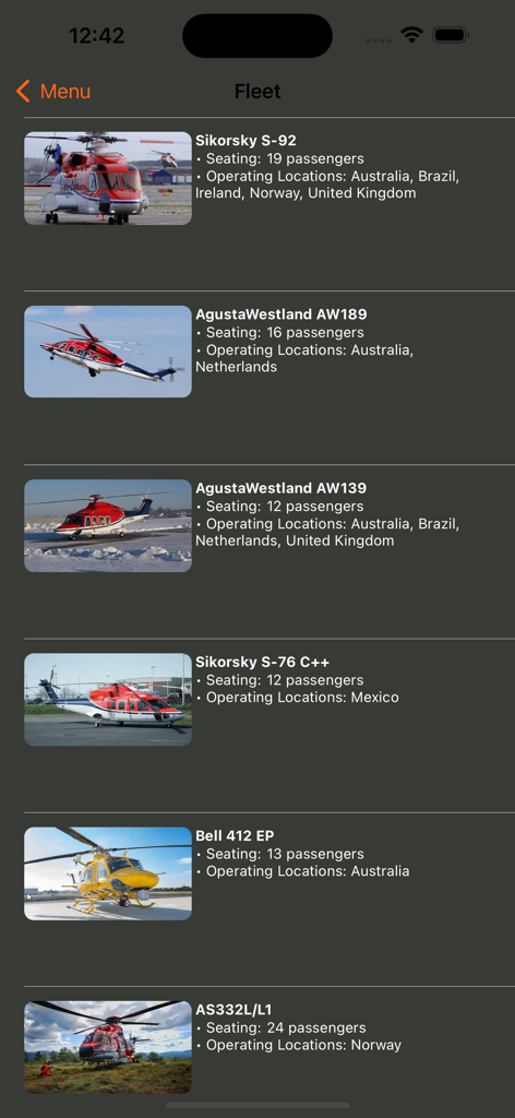 CHC Flights - CHC Flights app fleet screen displaying helicopter models with seating capacity and operating locations