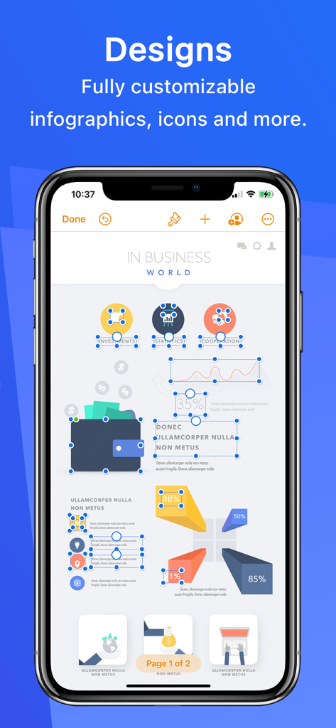 3Dグラフとアイコンを備えたカスタマイズ可能なビジネスインフォグラフィックテンプレートを表示するiPhone画面