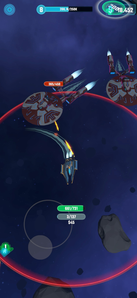 Galaxy Idle - Gameplay screenshot of Galaxy Idle showing a blue spaceship engaged in battle with enemy ships in deep space.