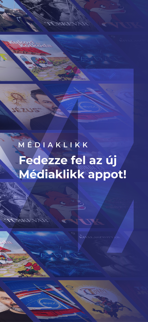 Introductory screen of the MédiaKlikk app with a collage of Hungarian media content.