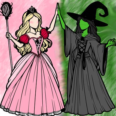 detailed realistic split of a princess and a witch