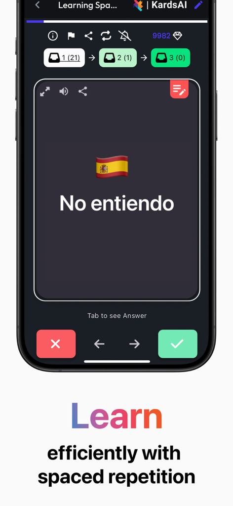 Flashcards Maker KardsAI app interface showing a Spanish language flashcard with spaced repetition learning features.